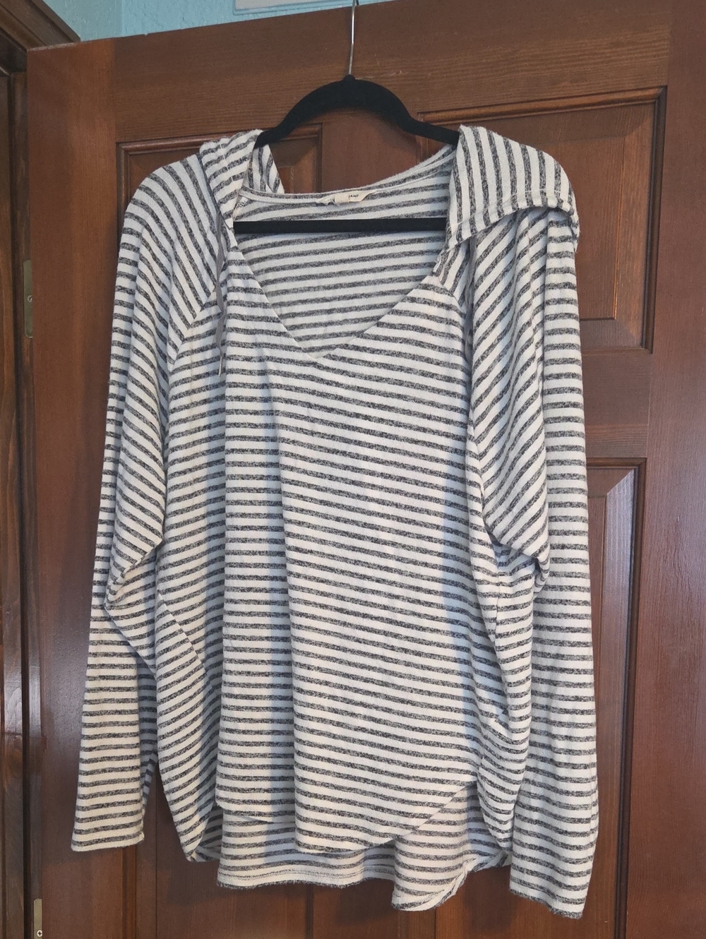 Lucky Brand Striped V-Neck Hooded Sweater in Cream & Gray